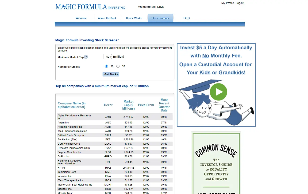 Magic Formula screen